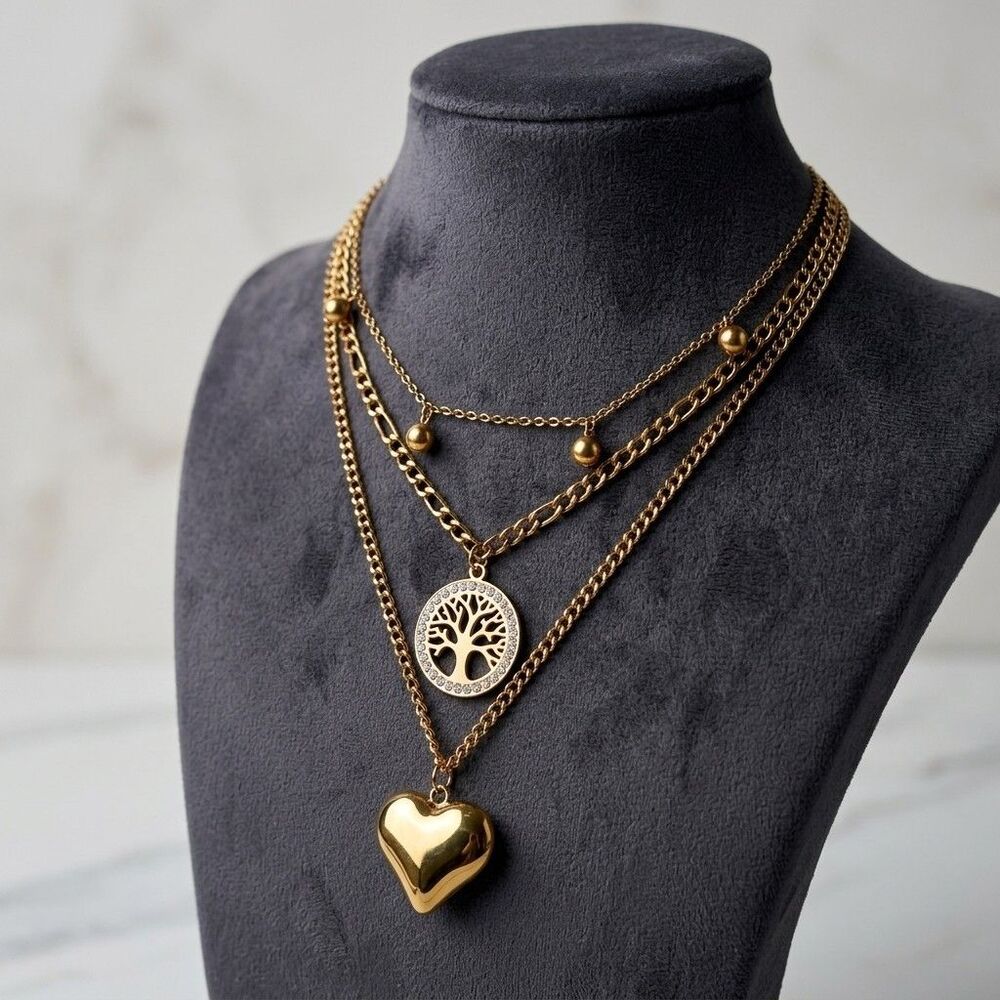 Stainless Steel Gold Layered Tree of Life Rhinestone Puff Heart Necklace